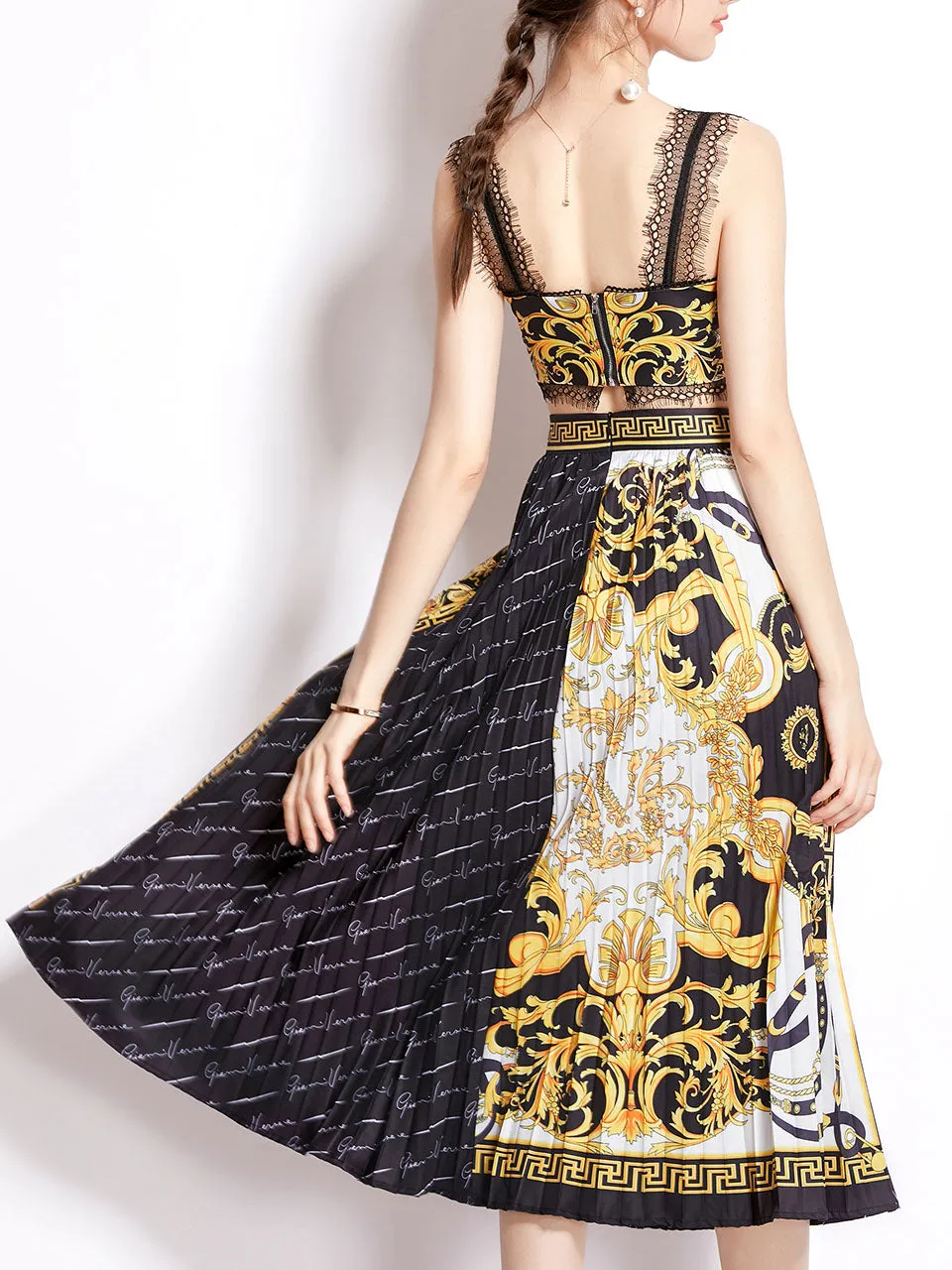 2PS Yellow Lace Strap Floral Print Sleeveless Top And Pleated Skirt Set