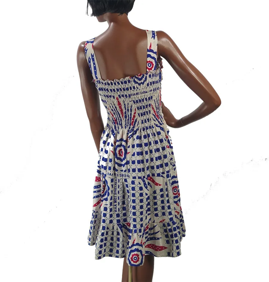 80s Sun Dress Women's Tiered Skirt Ruffled Blue White Red Block Print Vintage Festival Small VFG