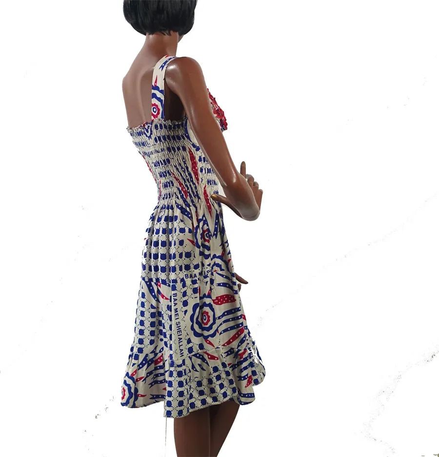 80s Sun Dress Women's Tiered Skirt Ruffled Blue White Red Block Print Vintage Festival Small VFG