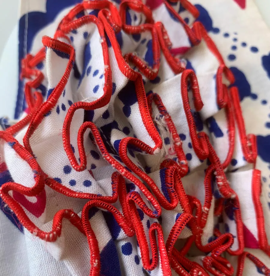 80s Sun Dress Women's Tiered Skirt Ruffled Blue White Red Block Print Vintage Festival Small VFG