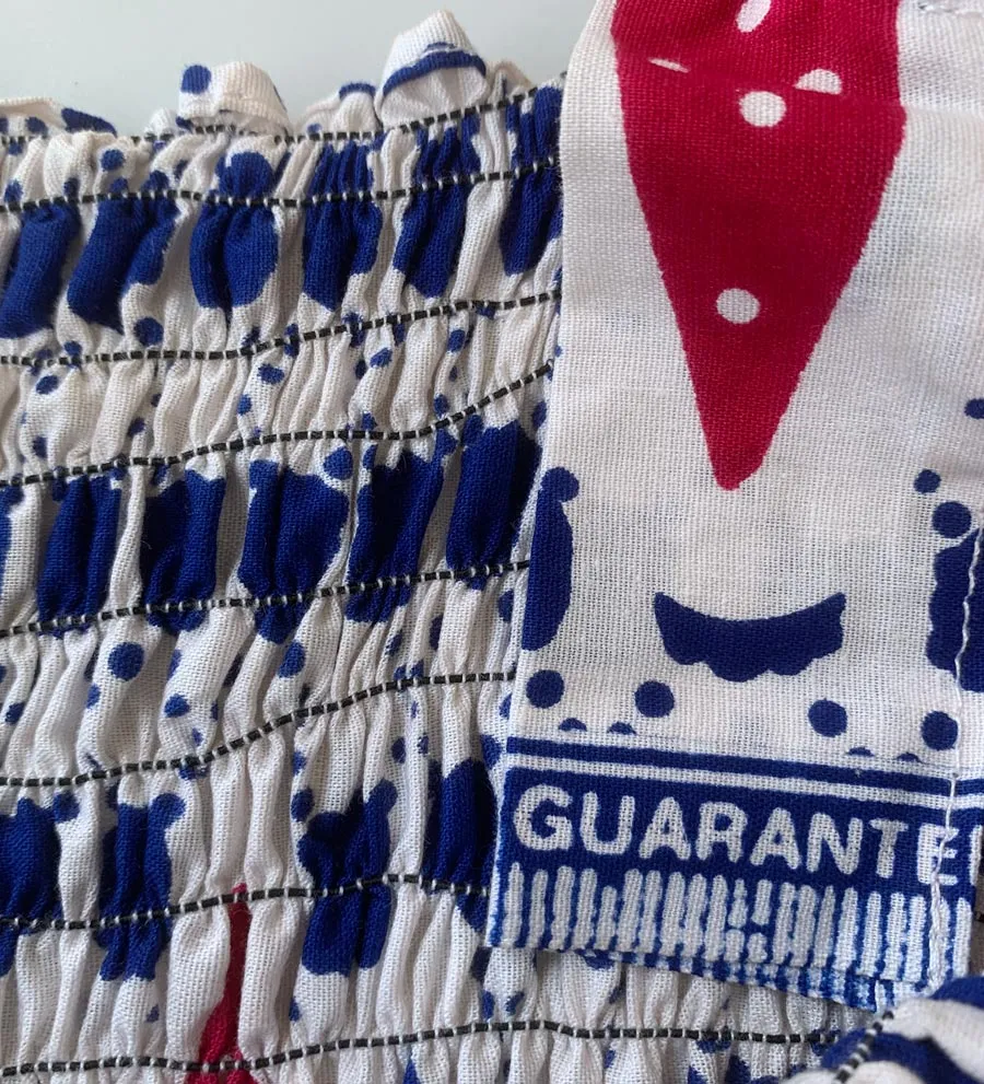 80s Sun Dress Women's Tiered Skirt Ruffled Blue White Red Block Print Vintage Festival Small VFG