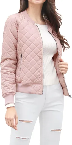 Allegra K Women's Quilted Zip Up Raglan Long Sleeve Bomber Jacket