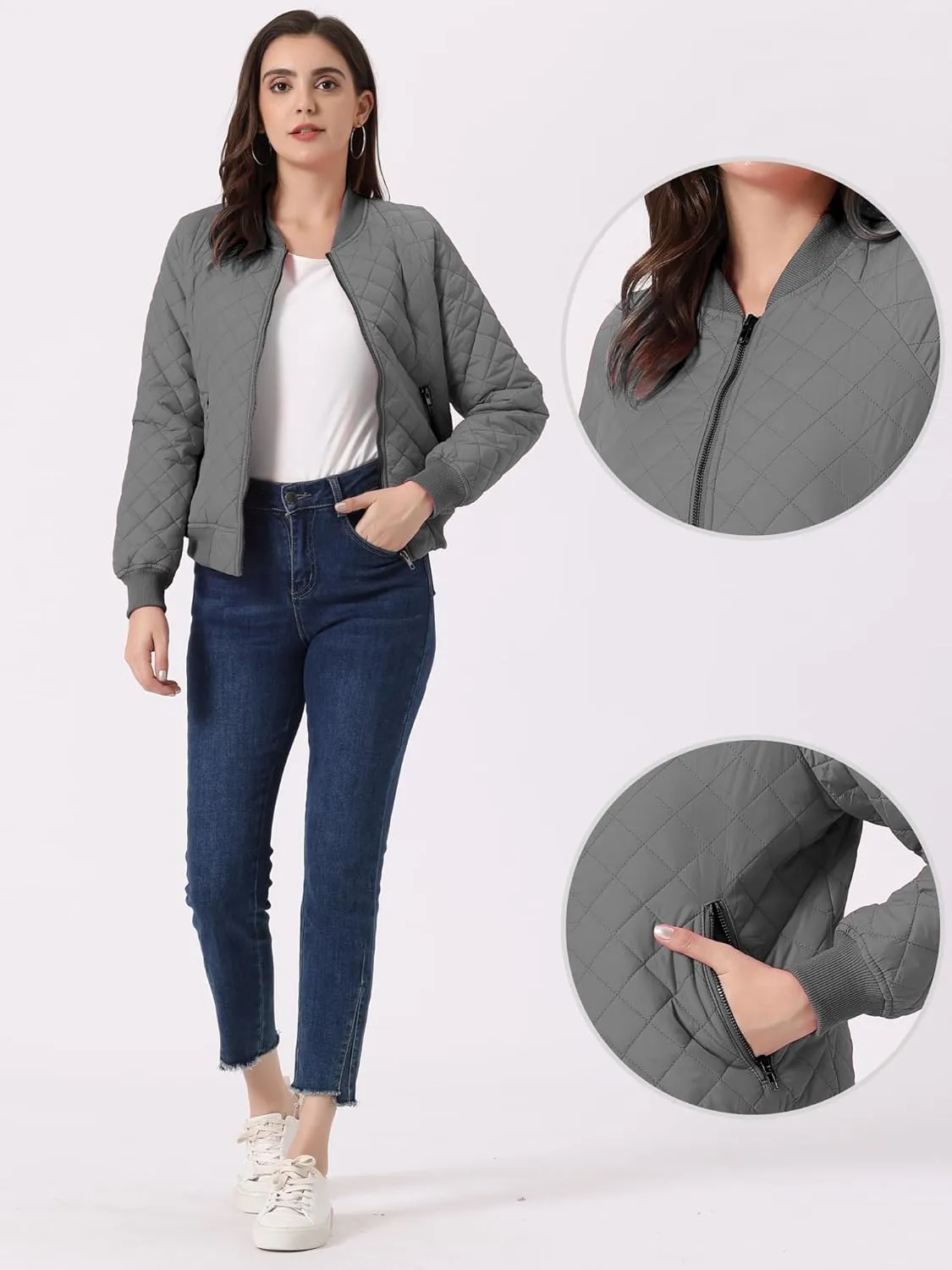Allegra K Women's Quilted Zip Up Raglan Long Sleeve Bomber Jacket