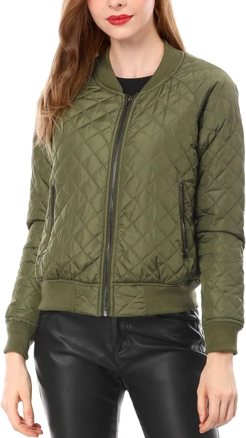Allegra K Women's Quilted Zip Up Raglan Long Sleeve Bomber Jacket