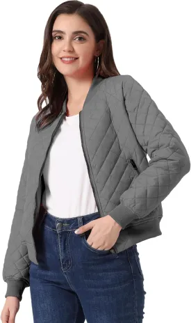 Allegra K Women's Quilted Zip Up Raglan Long Sleeve Bomber Jacket