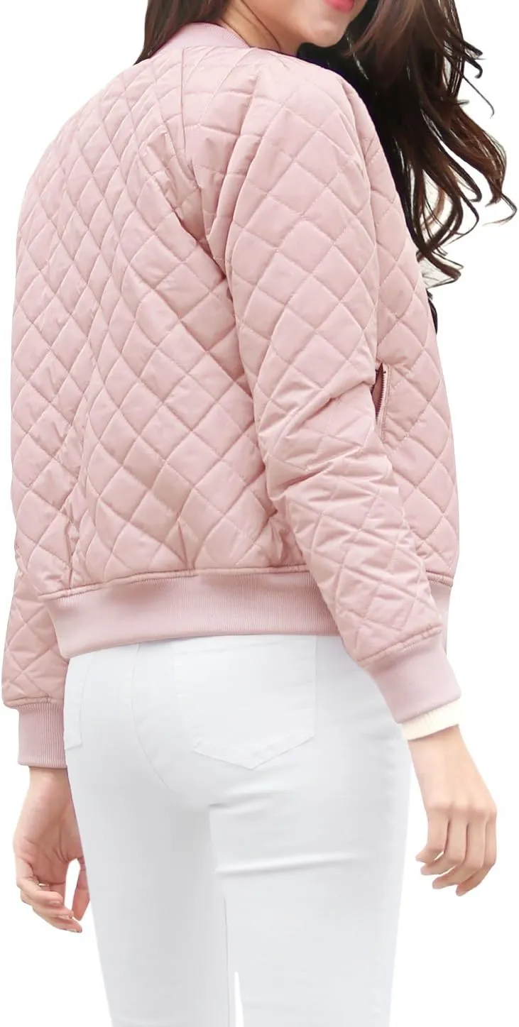 Allegra K Women's Quilted Zip Up Raglan Long Sleeve Bomber Jacket