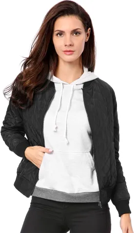 Allegra K Women's Quilted Zip Up Raglan Long Sleeve Bomber Jacket