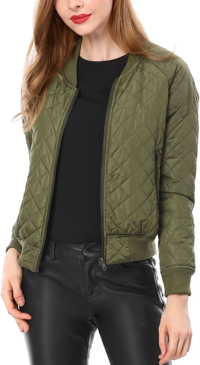 Allegra K Women's Quilted Zip Up Raglan Long Sleeve Bomber Jacket
