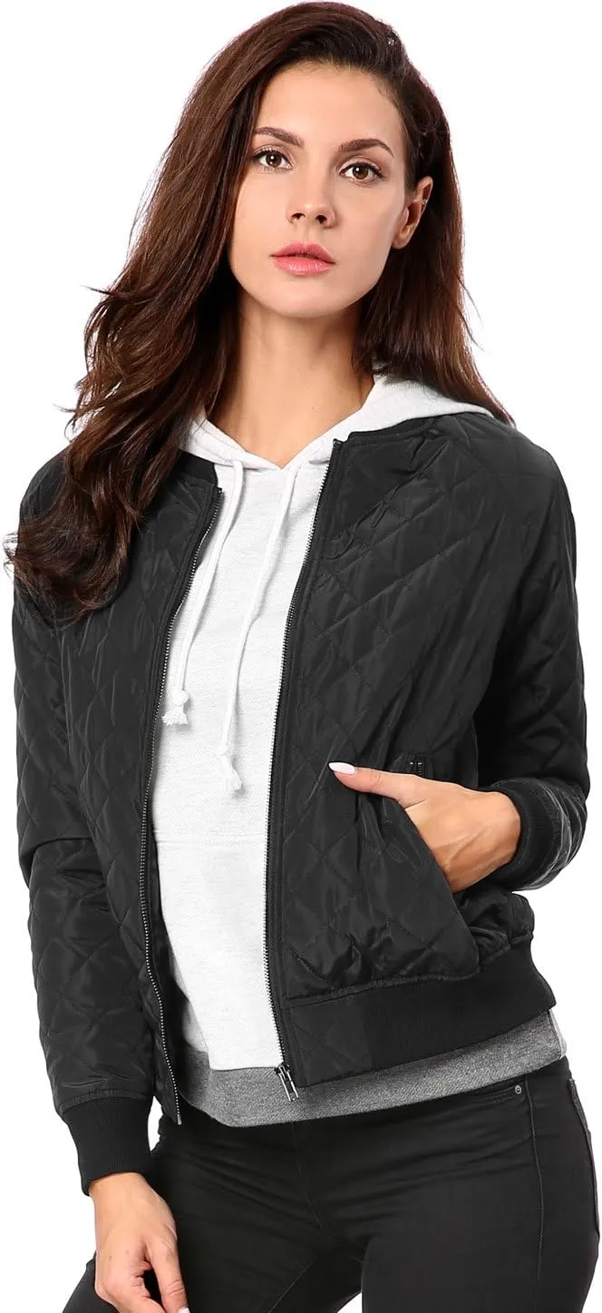 Allegra K Women's Quilted Zip Up Raglan Long Sleeve Bomber Jacket