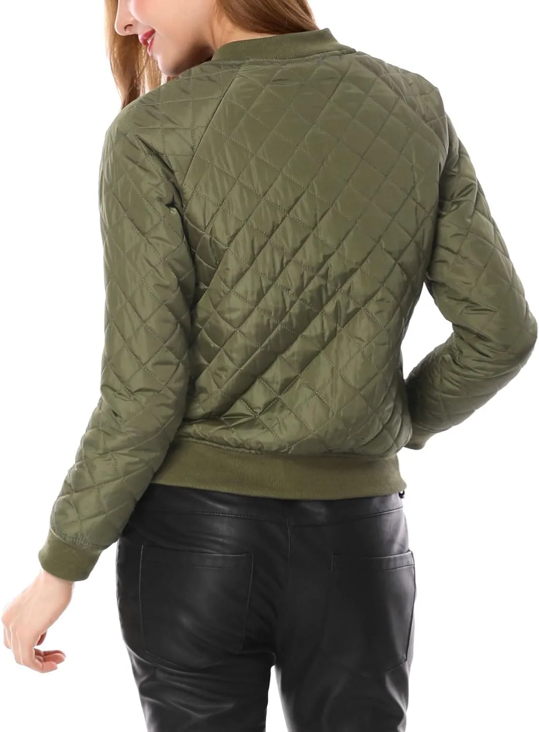 Allegra K Women's Quilted Zip Up Raglan Long Sleeve Bomber Jacket