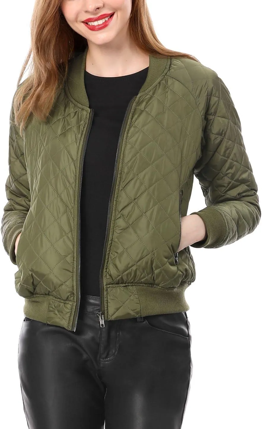 Allegra K Women's Quilted Zip Up Raglan Long Sleeve Bomber Jacket