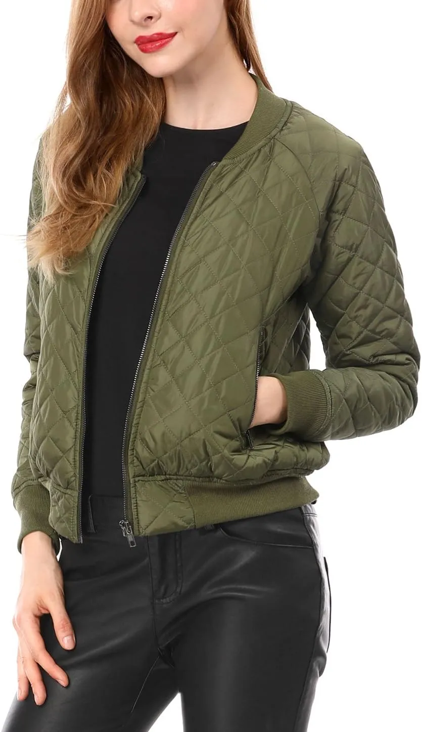 Allegra K Women's Quilted Zip Up Raglan Long Sleeve Bomber Jacket