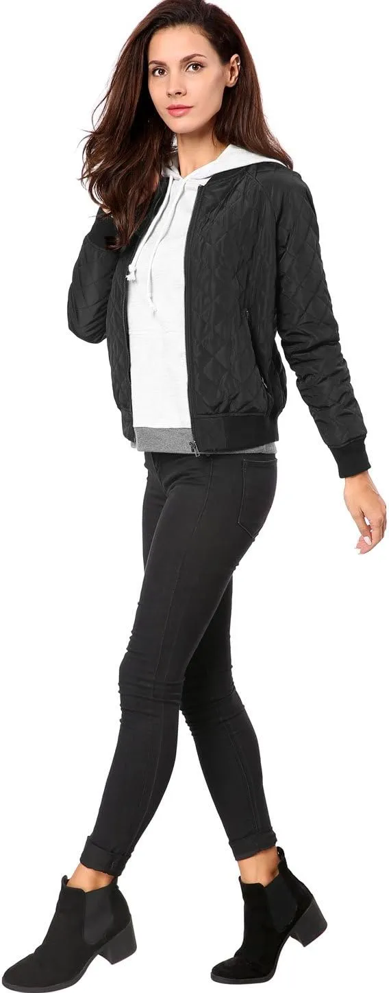 Allegra K Women's Quilted Zip Up Raglan Long Sleeve Bomber Jacket