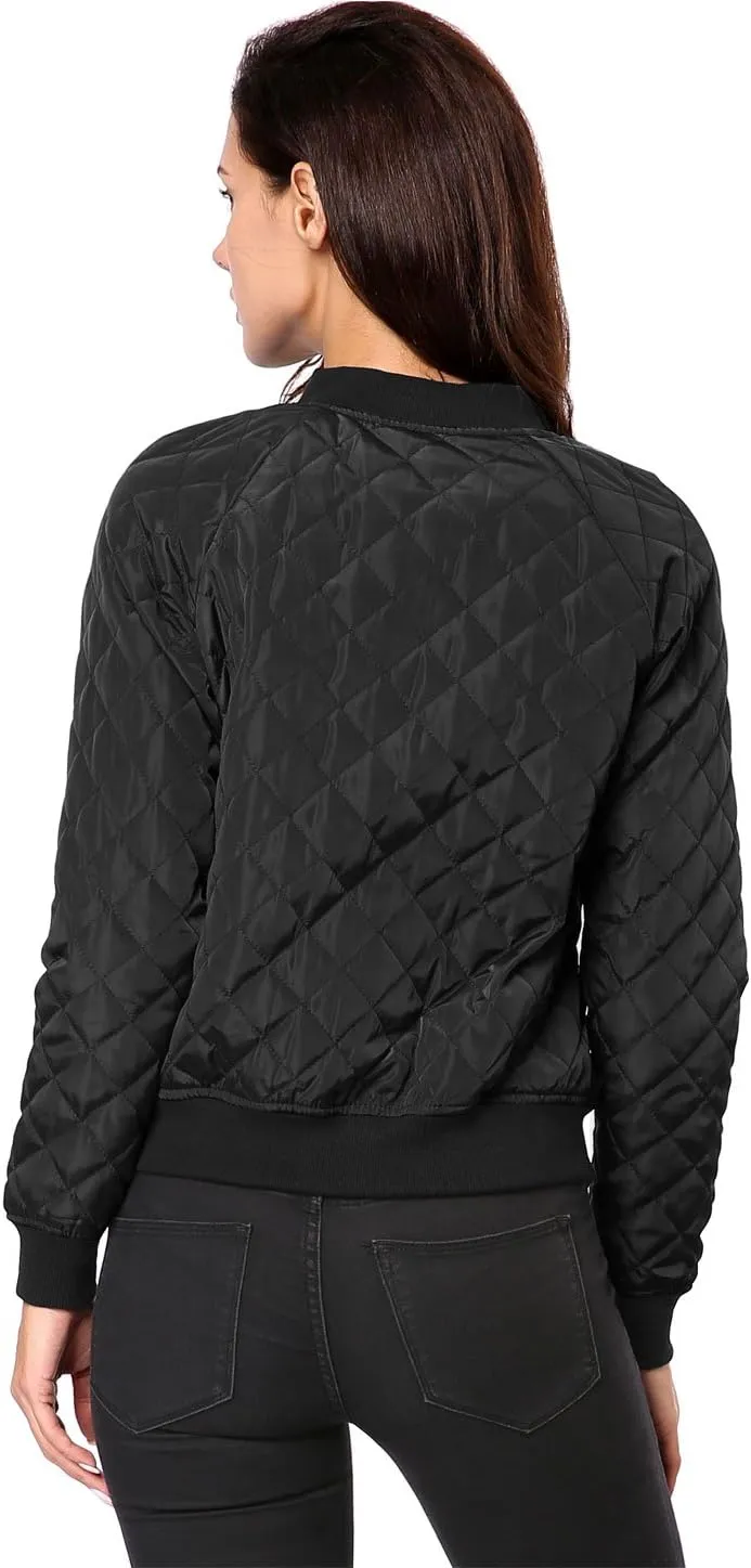 Allegra K Women's Quilted Zip Up Raglan Long Sleeve Bomber Jacket