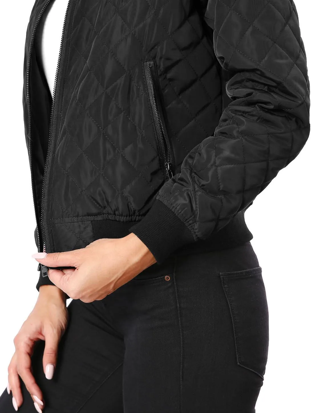Allegra K Women's Quilted Zip Up Raglan Long Sleeve Bomber Jacket