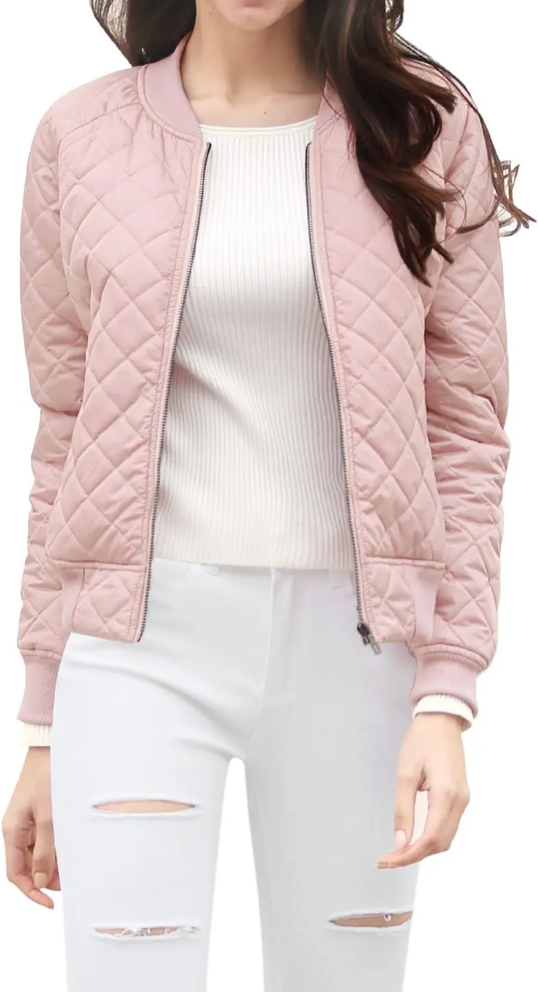 Allegra K Women's Quilted Zip Up Raglan Long Sleeve Bomber Jacket