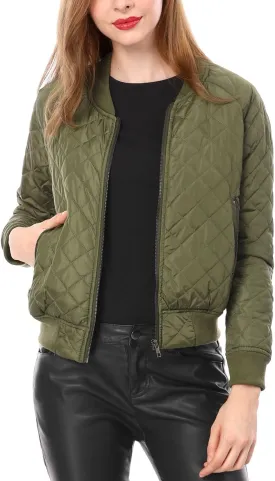 Allegra K Women's Quilted Zip Up Raglan Long Sleeve Bomber Jacket