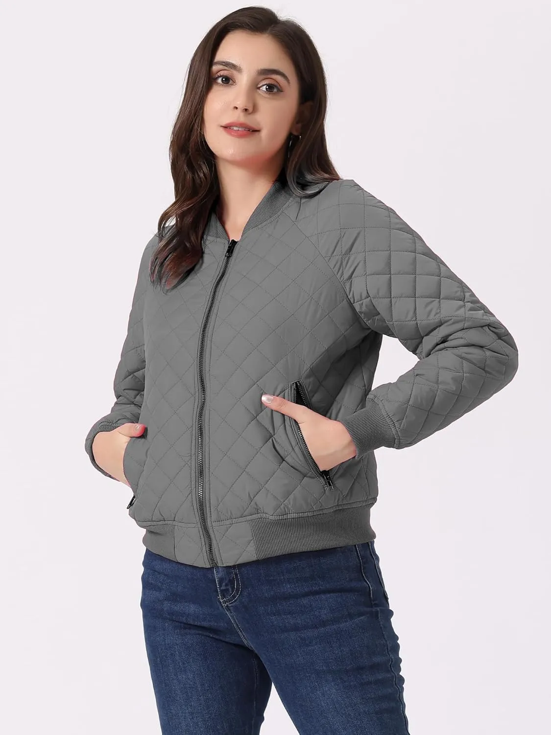 Allegra K Women's Quilted Zip Up Raglan Long Sleeve Bomber Jacket