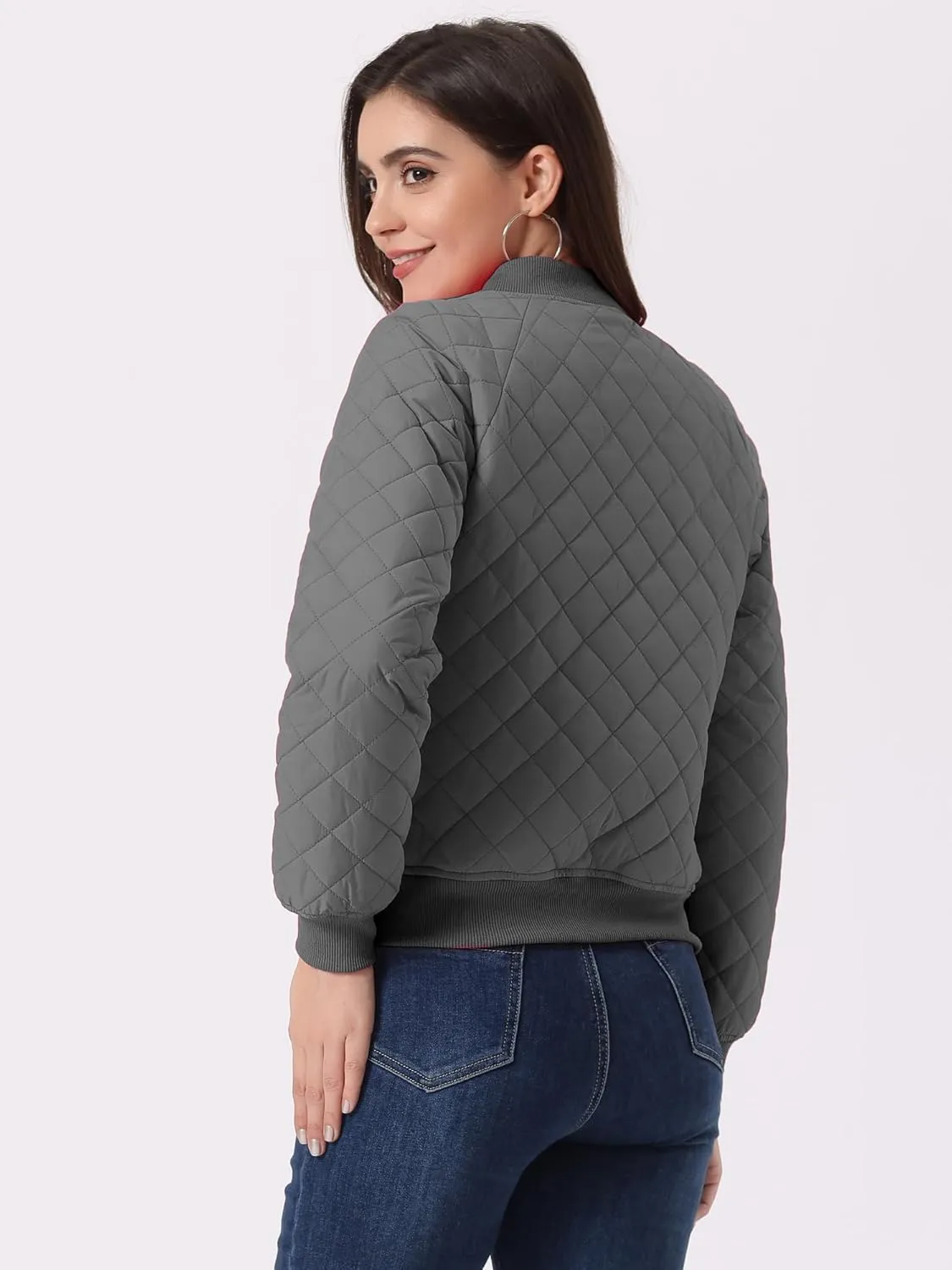 Allegra K Women's Quilted Zip Up Raglan Long Sleeve Bomber Jacket