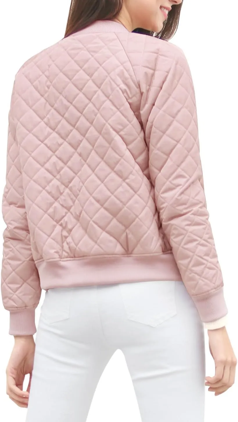 Allegra K Women's Quilted Zip Up Raglan Long Sleeve Bomber Jacket