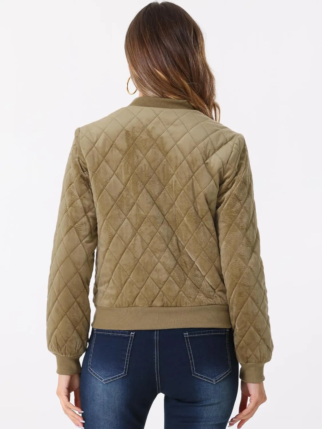 Allegra K Women's Zip Up Jacket Long Sleeve Velvet Surface Diamond Quilted Bomber Jackets