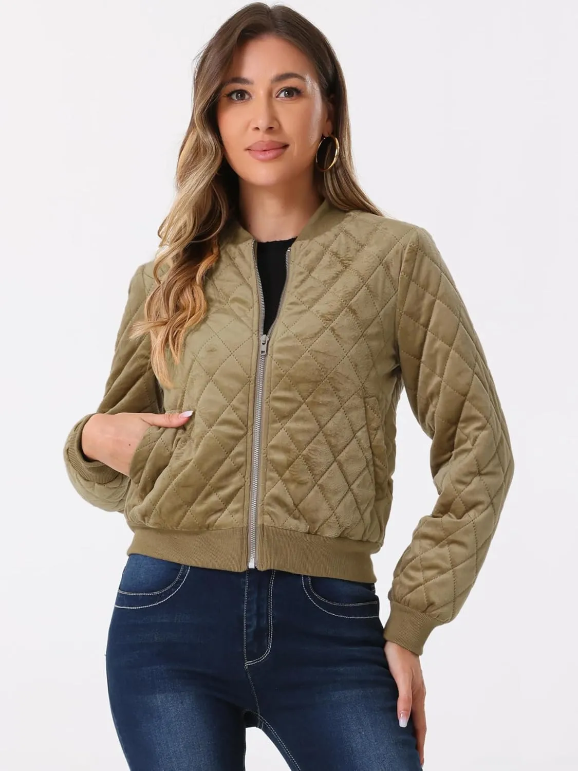 Allegra K Women's Zip Up Jacket Long Sleeve Velvet Surface Diamond Quilted Bomber Jackets