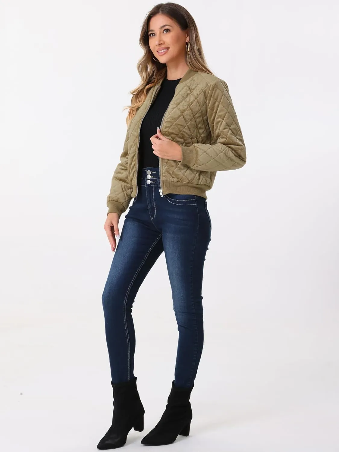 Allegra K Women's Zip Up Jacket Long Sleeve Velvet Surface Diamond Quilted Bomber Jackets