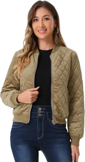Allegra K Women's Zip Up Jacket Long Sleeve Velvet Surface Diamond Quilted Bomber Jackets