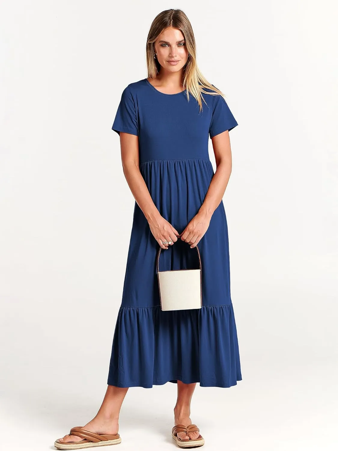 ANRABESS Womens 2025 Summer Casual Maxi Dress A line Tiered Flowy Short Sleeve Crewneck T Shirt Beach Travel Long Dresses