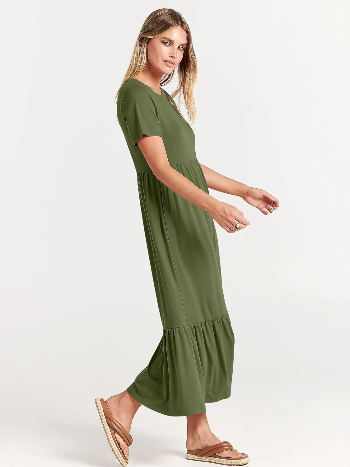 ANRABESS Womens 2025 Summer Casual Maxi Dress A line Tiered Flowy Short Sleeve Crewneck T Shirt Beach Travel Long Dresses