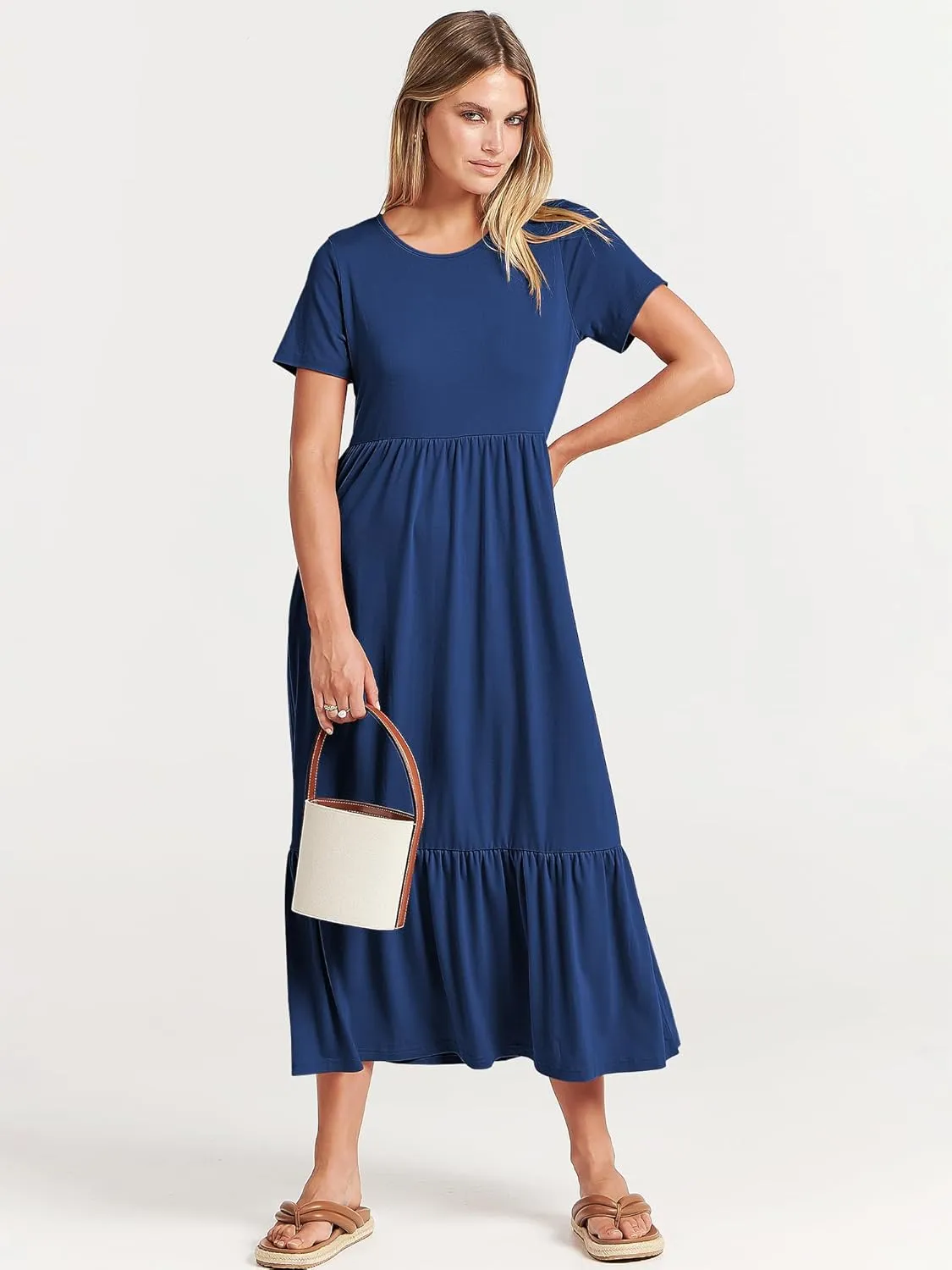 ANRABESS Womens 2025 Summer Casual Maxi Dress A line Tiered Flowy Short Sleeve Crewneck T Shirt Beach Travel Long Dresses