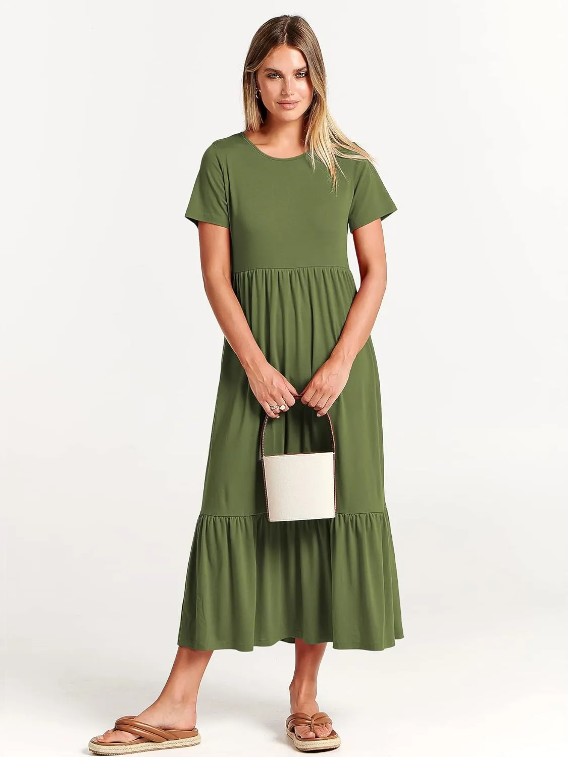 ANRABESS Womens 2025 Summer Casual Maxi Dress A line Tiered Flowy Short Sleeve Crewneck T Shirt Beach Travel Long Dresses