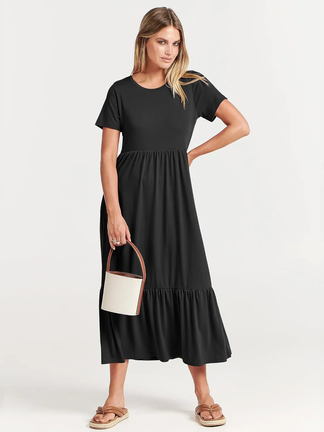 ANRABESS Womens 2025 Summer Casual Maxi Dress A line Tiered Flowy Short Sleeve Crewneck T Shirt Beach Travel Long Dresses