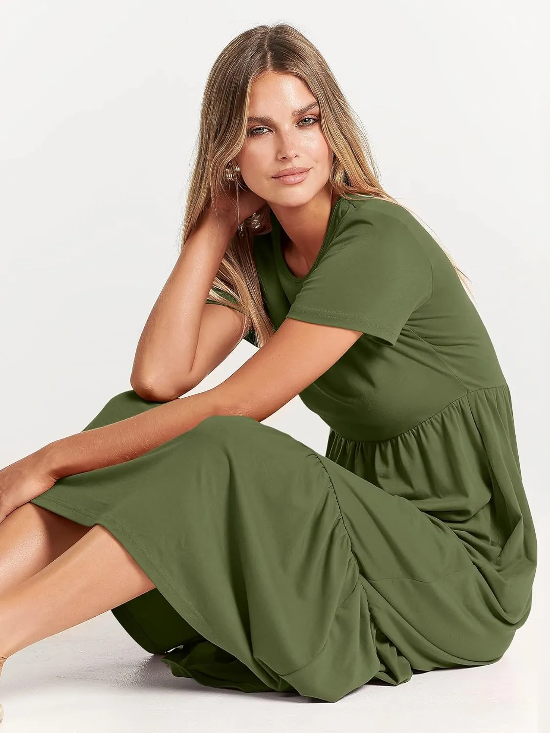 ANRABESS Womens 2025 Summer Casual Maxi Dress A line Tiered Flowy Short Sleeve Crewneck T Shirt Beach Travel Long Dresses