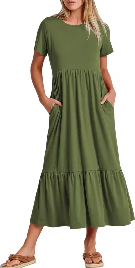 ANRABESS Womens 2025 Summer Casual Maxi Dress A line Tiered Flowy Short Sleeve Crewneck T Shirt Beach Travel Long Dresses