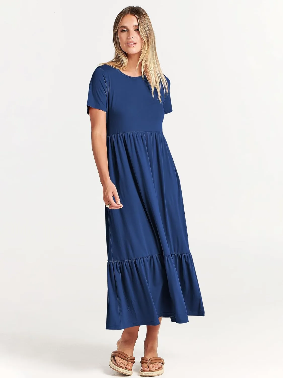 ANRABESS Womens 2025 Summer Casual Maxi Dress A line Tiered Flowy Short Sleeve Crewneck T Shirt Beach Travel Long Dresses