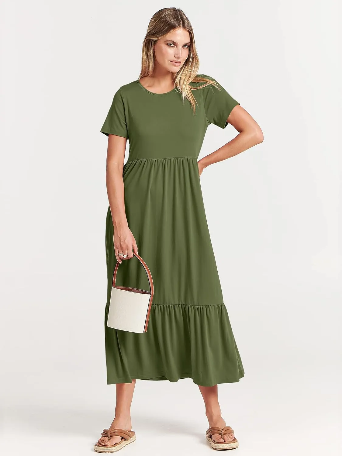 ANRABESS Womens 2025 Summer Casual Maxi Dress A line Tiered Flowy Short Sleeve Crewneck T Shirt Beach Travel Long Dresses