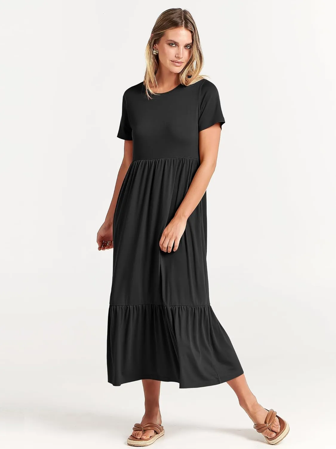 ANRABESS Womens 2025 Summer Casual Maxi Dress A line Tiered Flowy Short Sleeve Crewneck T Shirt Beach Travel Long Dresses