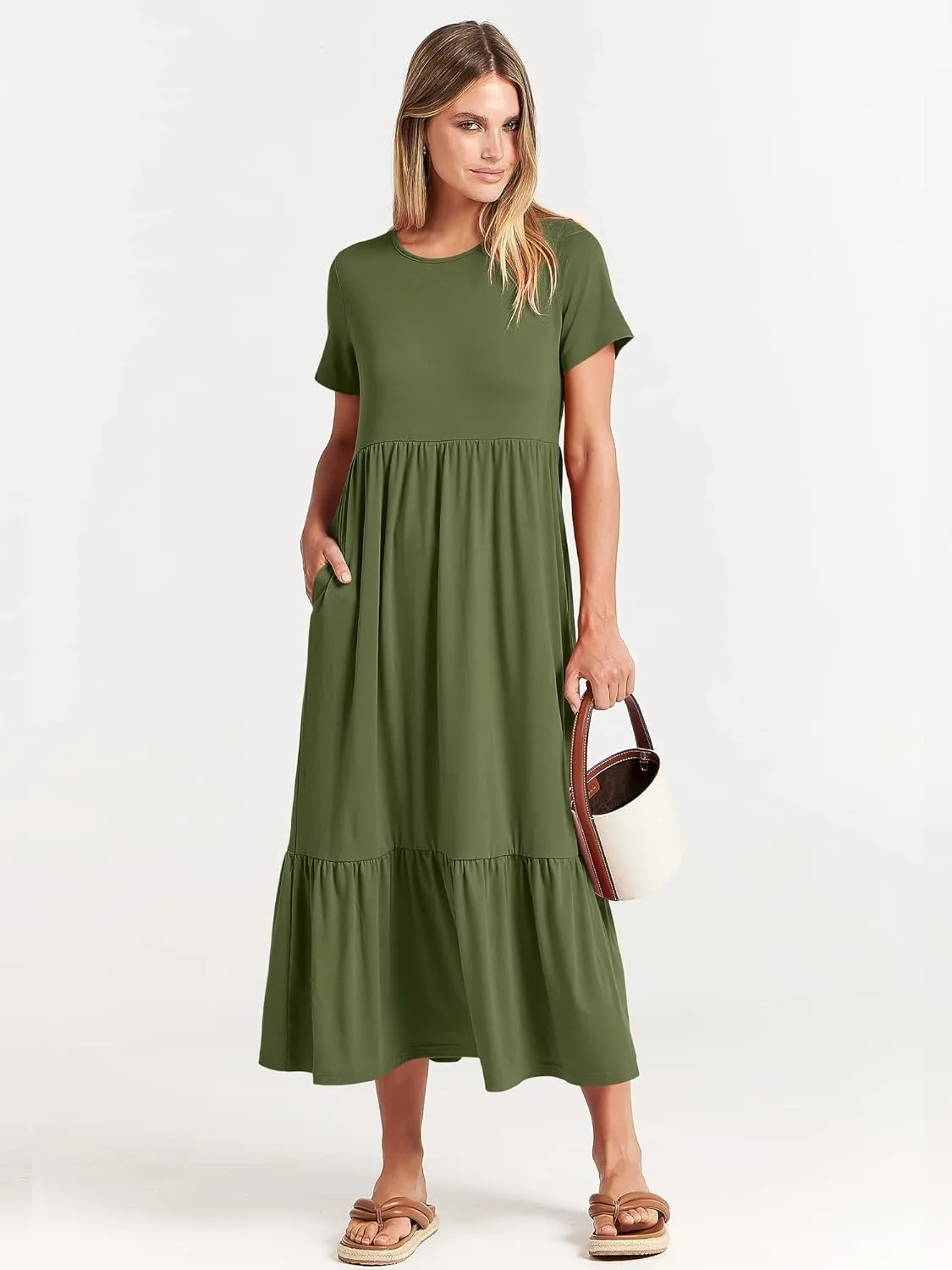 ANRABESS Womens 2025 Summer Casual Maxi Dress A line Tiered Flowy Short Sleeve Crewneck T Shirt Beach Travel Long Dresses