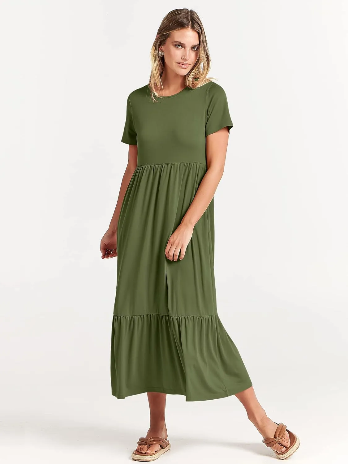 ANRABESS Womens 2025 Summer Casual Maxi Dress A line Tiered Flowy Short Sleeve Crewneck T Shirt Beach Travel Long Dresses