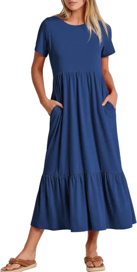 ANRABESS Womens 2025 Summer Casual Maxi Dress A line Tiered Flowy Short Sleeve Crewneck T Shirt Beach Travel Long Dresses