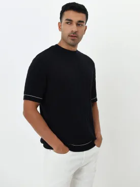 Ascot Navy Ribbed Textured Relaxed-Fit Cotton T-Shirt
