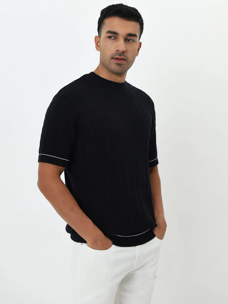 Ascot Navy Ribbed Textured Relaxed-Fit Cotton T-Shirt
