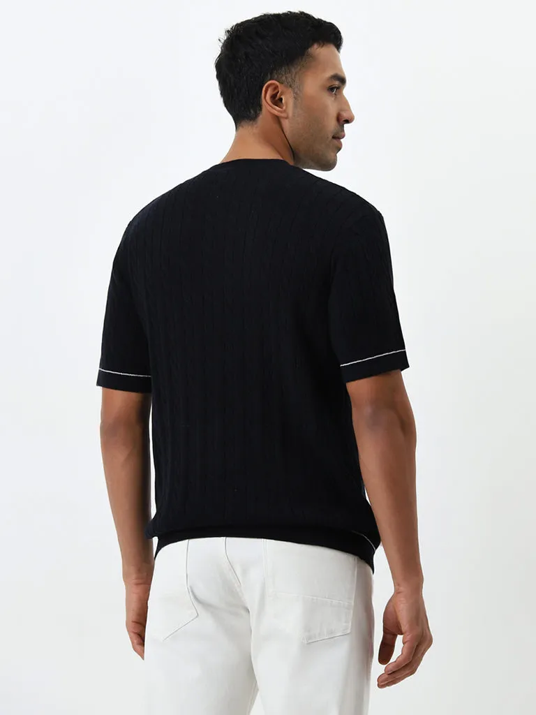 Ascot Navy Ribbed Textured Relaxed-Fit Cotton T-Shirt