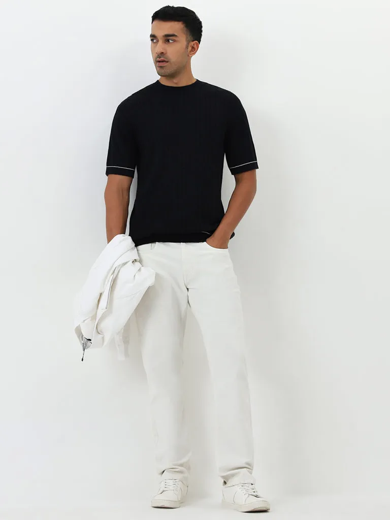 Ascot Navy Ribbed Textured Relaxed-Fit Cotton T-Shirt