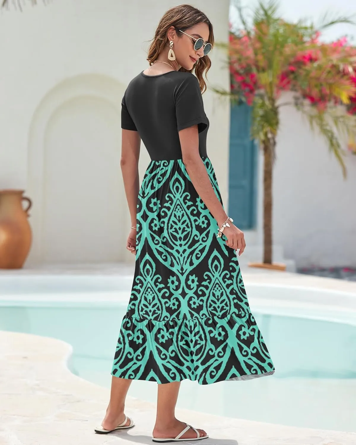 AUSELILY Summer Dresses Women 2025 Flowy Short Sleeve Maxi Dress V Neck Casual Tiered Sundress with Pockets