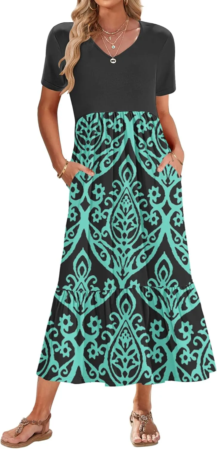 AUSELILY Summer Dresses Women 2025 Flowy Short Sleeve Maxi Dress V Neck Casual Tiered Sundress with Pockets