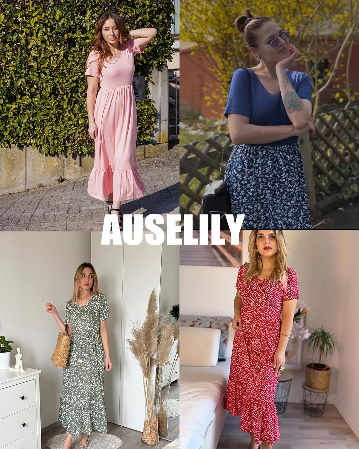 AUSELILY Summer Dresses Women 2025 Flowy Short Sleeve Maxi Dress V Neck Casual Tiered Sundress with Pockets