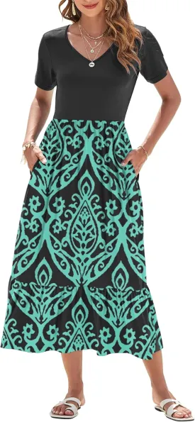 AUSELILY Summer Dresses Women 2025 Flowy Short Sleeve Maxi Dress V Neck Casual Tiered Sundress with Pockets