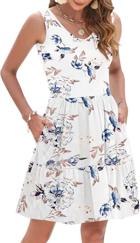 AUSELILY Womens Summer Dresses 2025 Casual Sleeveless Sundress Beach Vacation Flowy Tiered Short Dresses with Pockets